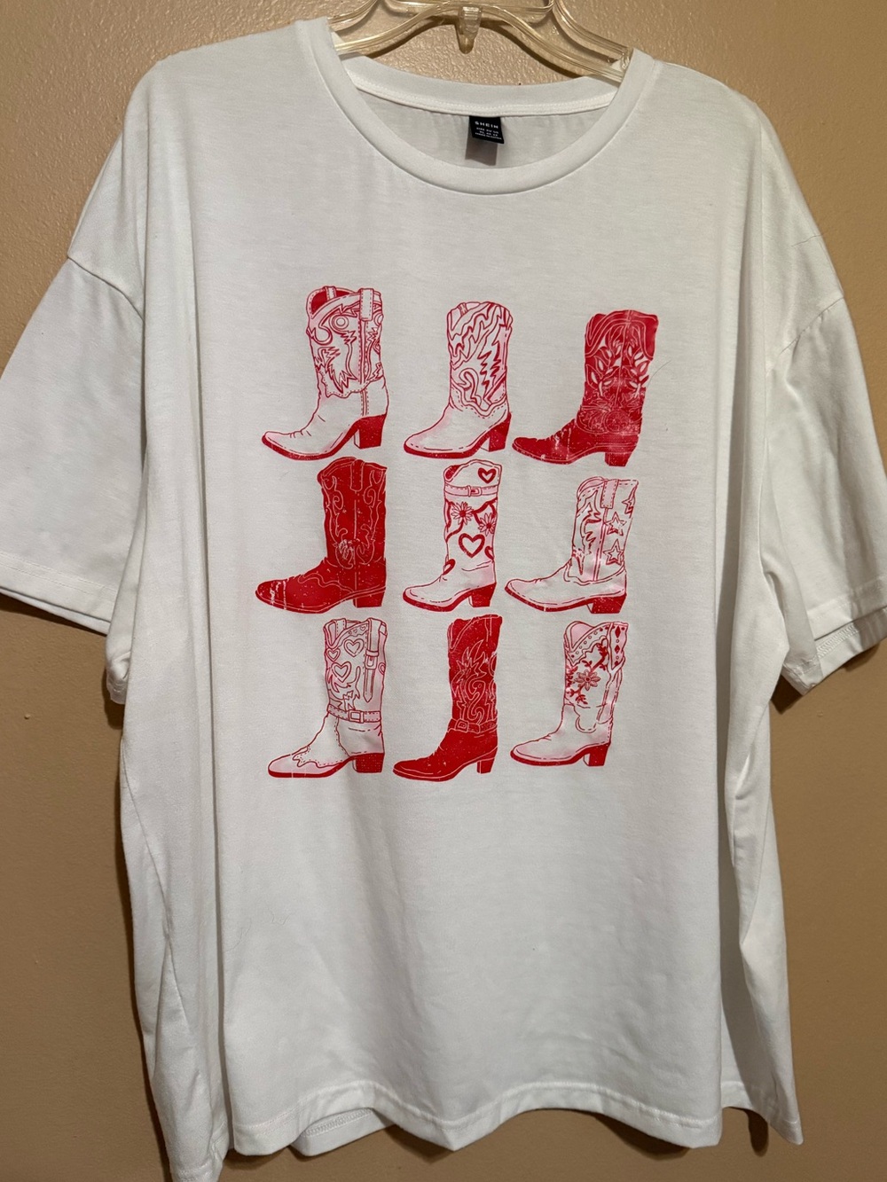 SHEIN White OVERSIZED Short Sleeve Tee with Red Cowboy Boot Motif